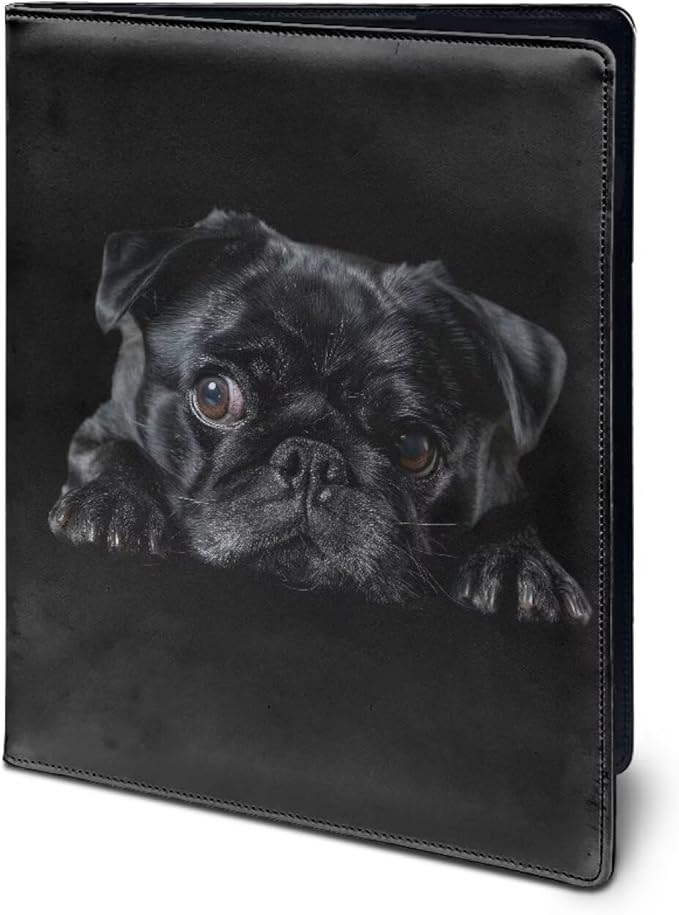 Office Folder Black Pug Dog Print PU Leather Padfolio with A4 Size Clipboard Clip for Business Resume Interview Document Sleeve Binder Folder for Men/Women