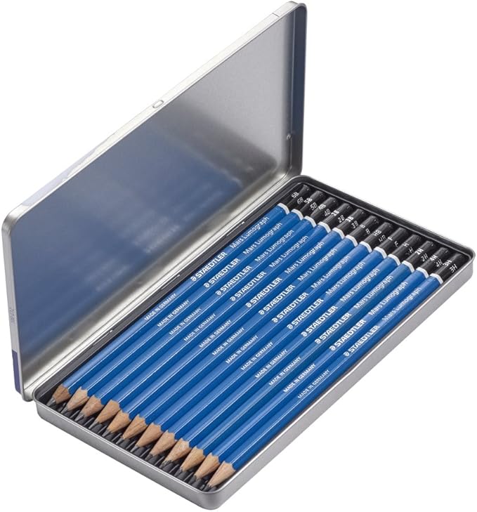 STAEDTLER Mars Lumograph Art Drawing Pencils, 12 Pack Graphite Pencils in Metal Case, Break-Resistant Bonded Lead, 100 G12,Silver/Blue