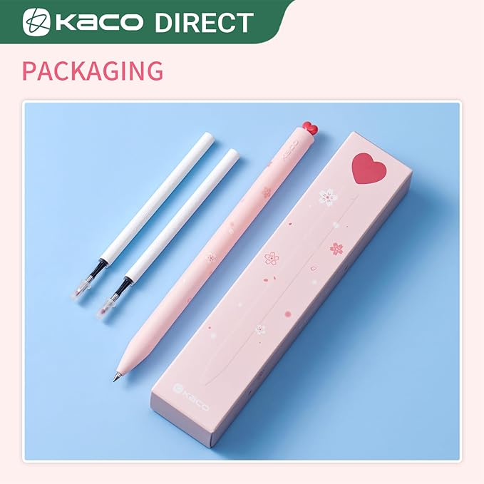 Kaco FIRST Gel Pens Cute Stationery, Pack of 2 Pieces Heart Pen Set with Extra 4 Black Refills (2 Pink)