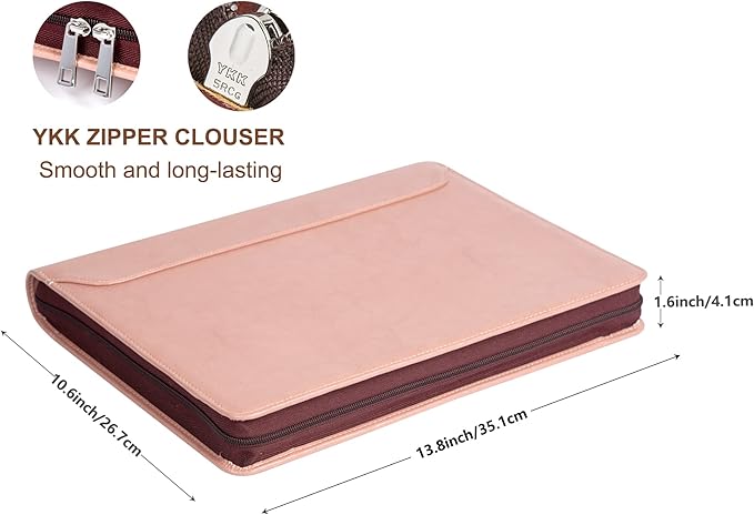 AZXCG Portfolio for Women, 3 Ring Binder Padfolio, Vegan Leather Office Binders Portfolio, Zippered Business Binder Folio Organizer, A4 Legal Pads Clipboard Padfolio, Gift for Women/Girls, Pink