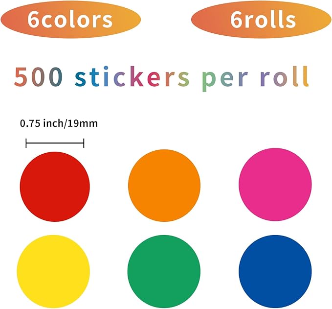 0.75 Inch Round Color Coding Labels,Laser and Inkjet Printable,Easily Writable with Perforation Line (6 Rolls,500 Labels Per Roll)