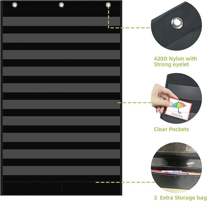 Large 10+2 Pockets Standard Pocket Chart, 10 Clear Pockets Words Chart with 2 Extra Storage Pocket for Classroom Home Office Use,Large Size:45”x 28” Letter Cards,Words and Sentence Strips.