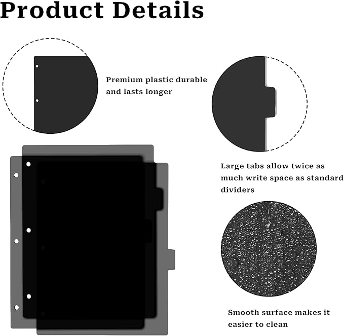 Black Binder Dividers, 8-Tab Sturdy Plastic Dividers, Binder Dividers with Tabs, Black 3-Ring Binder Plastic Divider Set, Aesthetic Dividers for Binder, Suitable for Notebooks and Binders(Black)