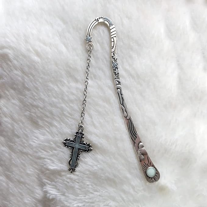 Vintage Metal Cross Bookmark, Unique Glow in The Dark Bookmark Gift for Students, Teachers, Book Lovers, Bookworms (Antique Silver Cross)