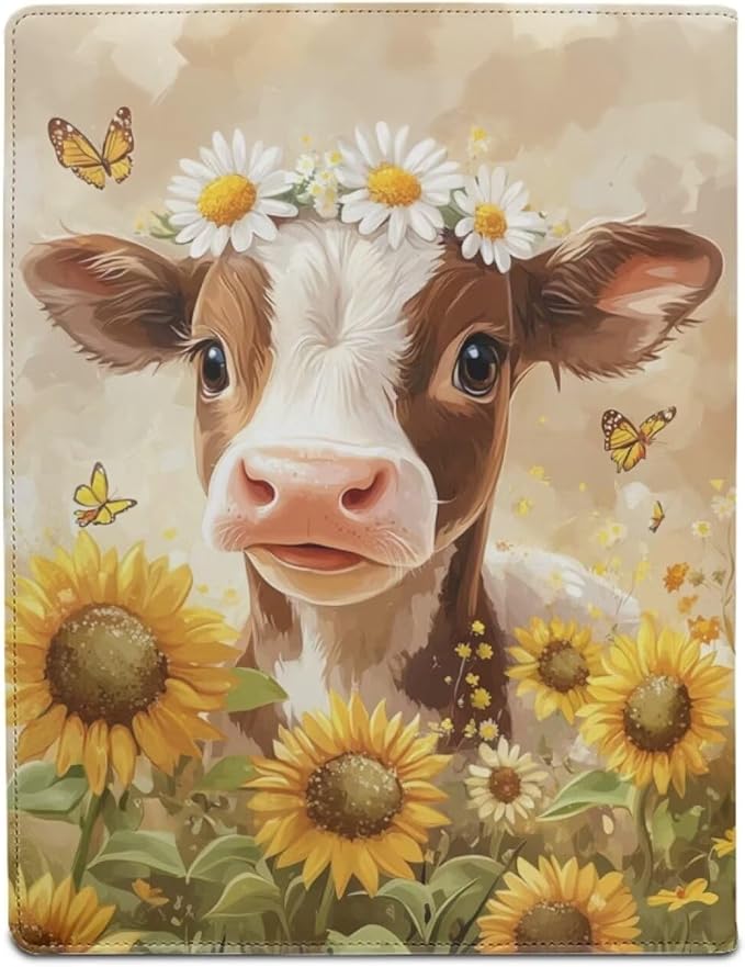 Cozeyat Sunflower Cow Padfolio for Women Binder Portfolio Folder, PU Leather Folder A4 Conference Pad Document Organizer Notepad Holder