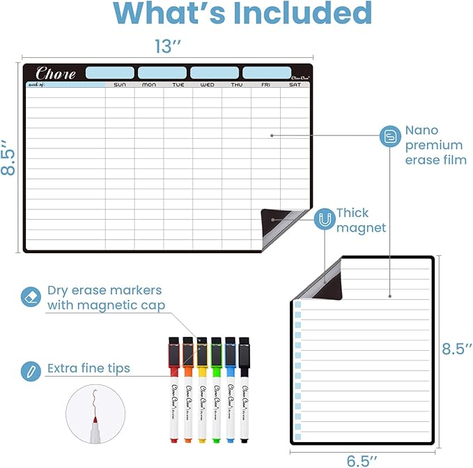 Magnetic Dry Erase Chore Chart - 8.5"x13" Chore Chart for Kids, Teens and Adults - 6.5"x8.5" List Board for Fridge - 6 Extra Fine Point Markers Included - Shipped Flat