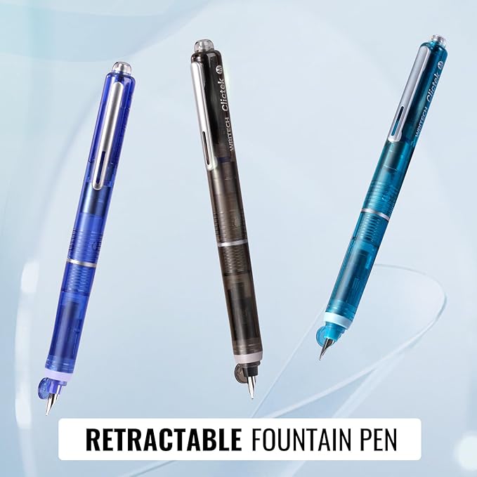 WRITECH Clictek Fountain Pen Set: Retractable Style Blue Ink Medium Nib Transparent Barrel, Includes 5 Ink Cartridges for Gift Set, Smooth Writing No Leaking