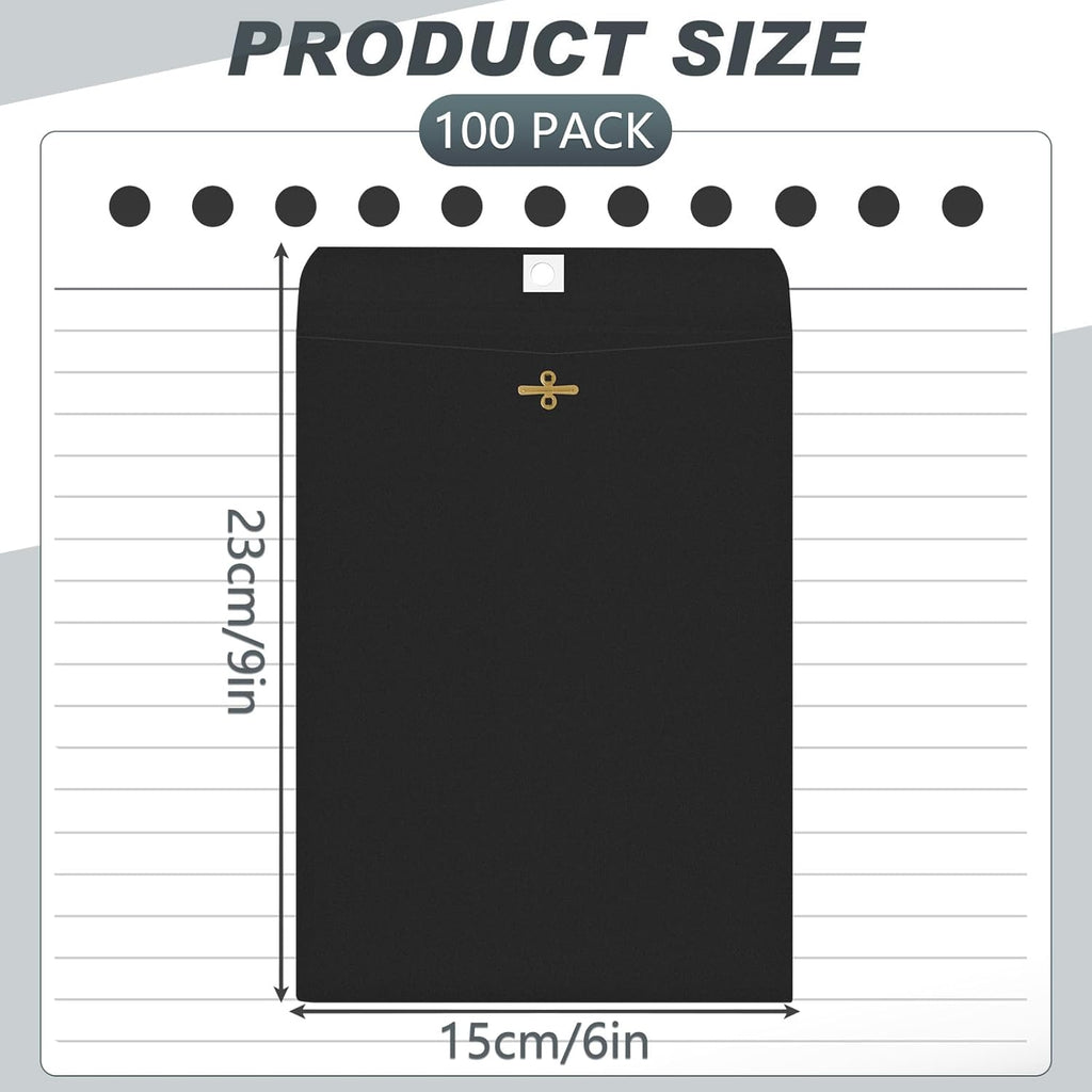 Geyee 100 Pcs Clasp Manilla Envelopes 6 x 9 Inch Gummed Colored Envelopes for Storing or Mailing for Home Office Business Supplies(Black)