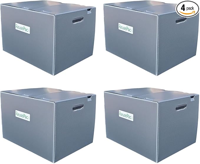 Reusable Foldable Box Corrugated PP, Storage Moving, Heavy Duty Stackable, Tape Free Self-Locking Lid, Handles for Business Home Lightweight In/Outdoors X-Large (Gray, 18x14x12 in)