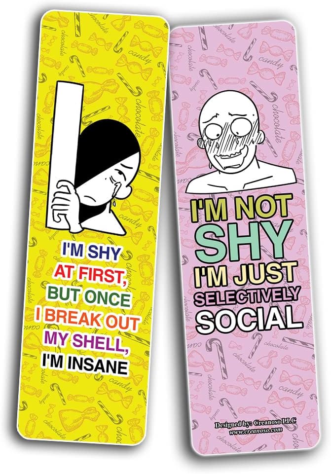 Creanoso Funny Shy Bookmarks (2-Sets X 6 Cards – Daily Inspirational Card Set – Interesting Book Page Clippers – Great Gifts for Adults and Teens