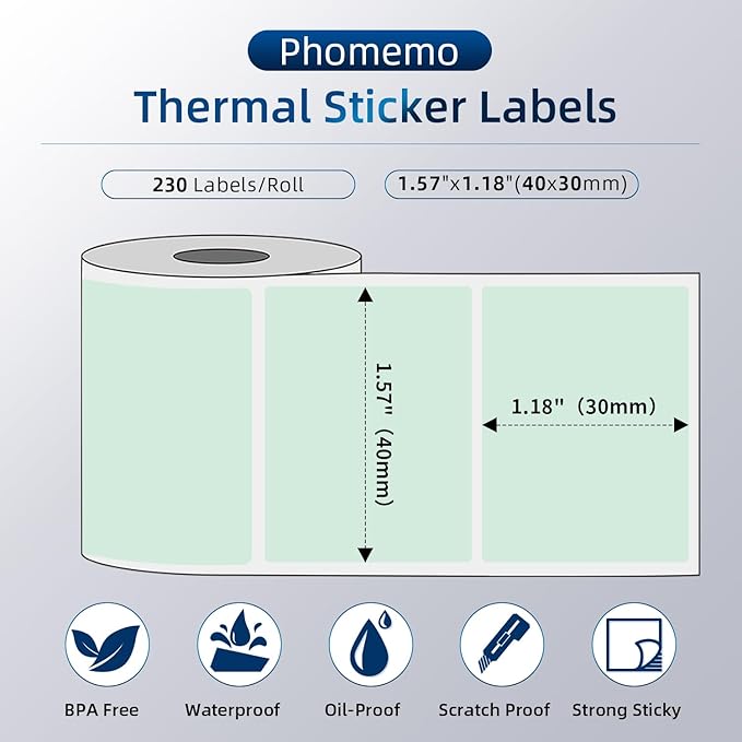 Phomemo Thermal Labels for M110/M120/M220/M150/M250/M221 Label Maker, Self-Adhesive Thermal Label 1.57"x1.18"(40x30mm),230 Labels/Roll, for Barcode,Address, Name, Small Bussiness and Home Use,Green