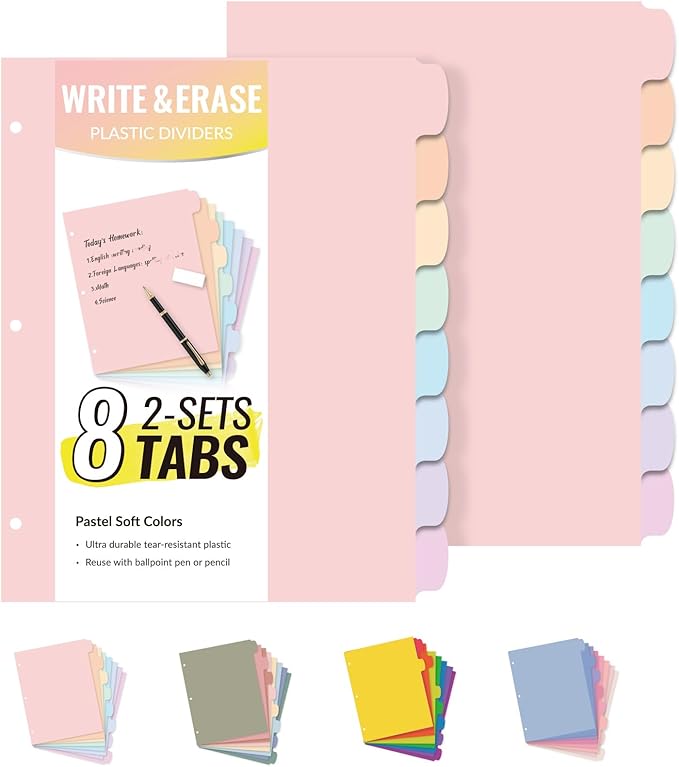 Sooez 8-Tab Durable Plastic Write & Erase Big Tab Dividers for 3 Ring Binder, Aesthetic Cute Pastel Binder Dividers for Student, Teacher, Office, Home Organizers, 2 Sets, Pastel