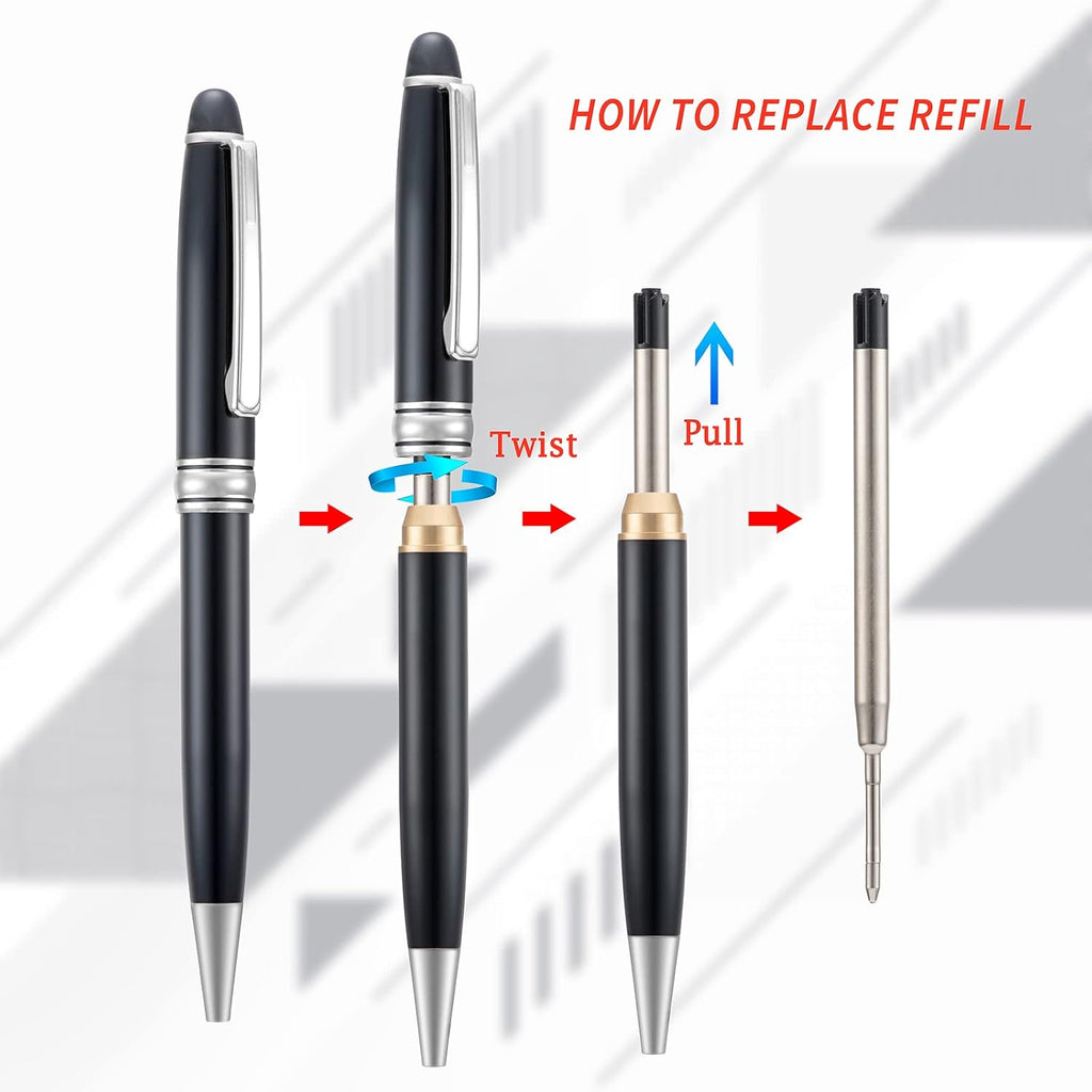 5 PCS Black Ballpoint Pens with Extra Refills Set, 1mm Medium Point Black Ink, Great Smooth Writing Metal Pen for Business Office Teacher Student Wedding Guest Gift (SilverTrim)