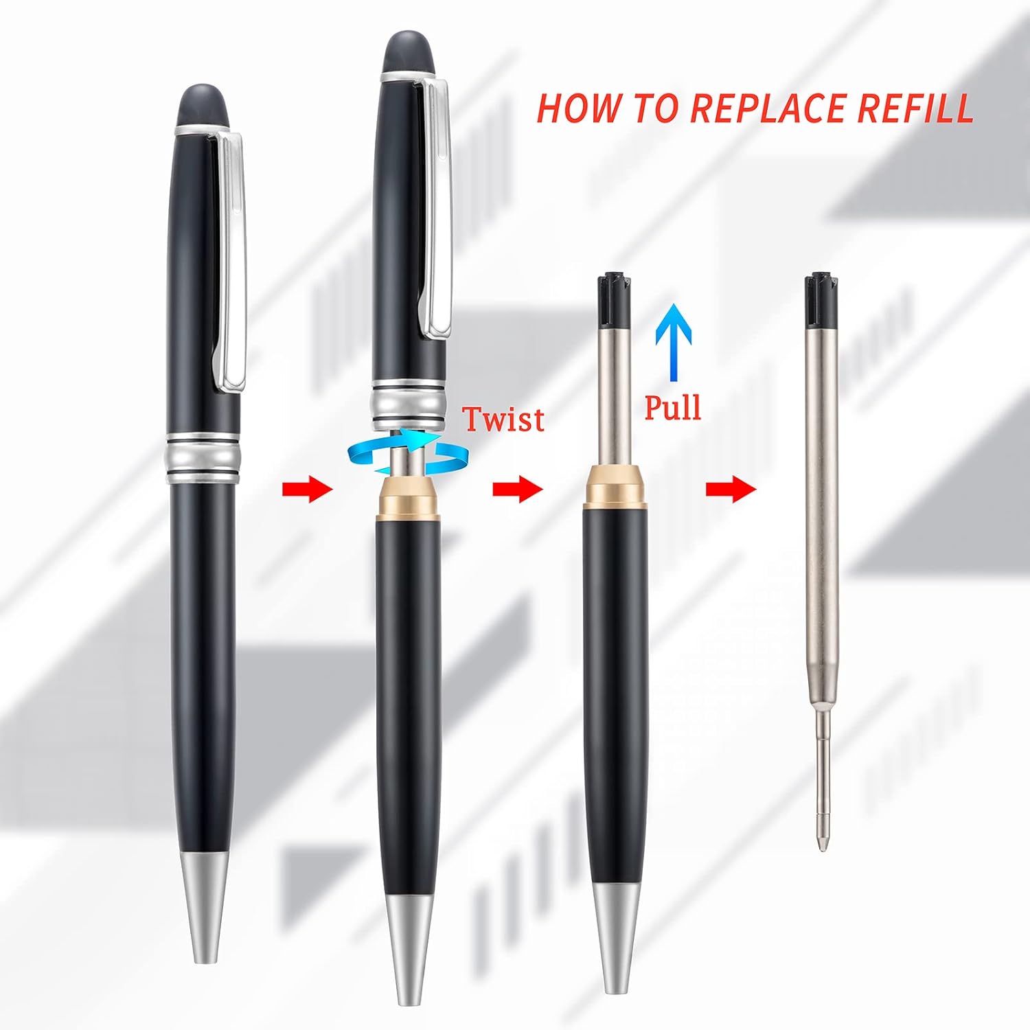 5 PCS Black Ballpoint Pens with Extra Refills Set, 1mm Medium Point Black Ink, Great Smooth Writing Metal Pen for Business Office Teacher Student Wedding Guest Gift (SilverTrim)