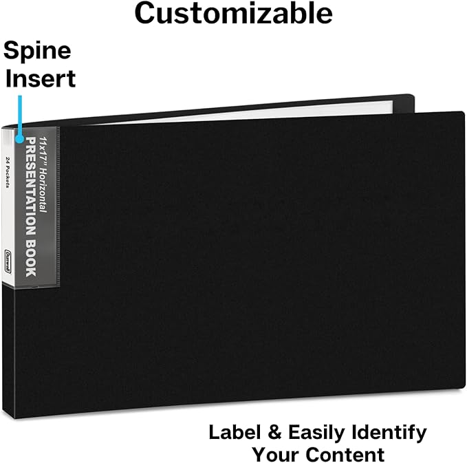 Dunwell 11x17 Portfolio Binder (Black, Horizontal), Presentation Book with 24 Pockets, Large 11 x 17 Art Portfolio Folder, Acid-Free Poly Cover and Sleeves