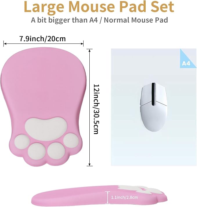 Ergonomic Mouse Pad with Wrist Rest,Cute Cat Paw Mousepad Wrist Support,Comfortable Massage Design Computer Pain Relief Mouse Pad with Non-Slip PU Base for Desk Laptop Gaming Office,Pink