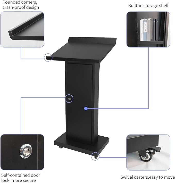 Podium Stand with 4 Locking Wheels, Lecterns & Podiums for Church School Office Conference Home, Heavy Duty Metal, Large Storage Area, Slant Desktop, 50.4" H