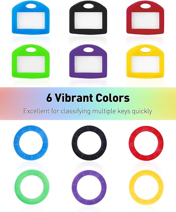 Uniclife 24 Pack Round Key Caps Covers and 24 Pack Key Cap Tags with Blank Paper Labels & Clear Windows Colorful Key Identifiers Protectors for Regular Flat House Keys (Not for Odd-Shaped Keys)