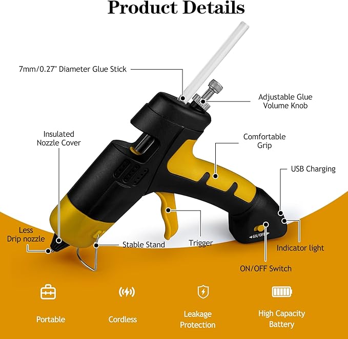 Cordless hot glue gun Kit with 10 Glue Sticks, High Temp for School Crafts DIY Arts and Quick Home Repairs (Cordless Yellow)