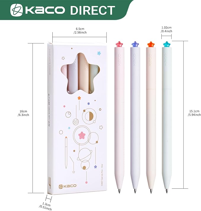 Kaco FIRST Gel Pens Cute Stationery Black Ink, 0.7 mm Medium Point, Aesthetic Cute Star Pens for Journaling (4 Bright Colors)