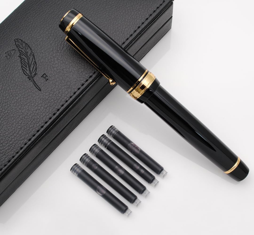 Metal Big Fountain Pen, Medium Nib 0.7mm, Includes Ink Converter & 5 Cartridges, Glossy Piano Painted Finish (Black)