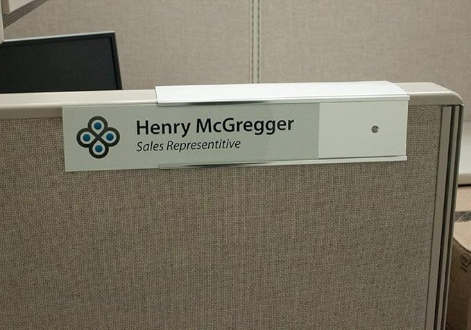 The Original Over the Cube - Quality Aluminum, Changeable Cubicle Nameplate Holder, Satin Silver Base, and Silver Name Plate Holder, (2.75" Cubicle Wall Depth) - Made in The USA