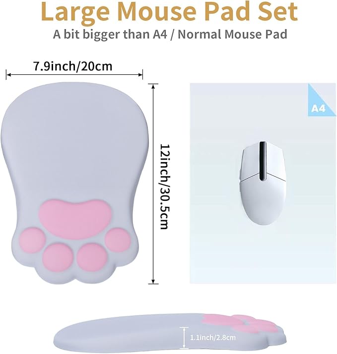 Ergonomic Mouse Pad with Wrist Rest,Cute Cat Paw Mousepad Wrist Support,Comfortable Massage Design Computer Pain Relief Mouse Pad with Non-Slip PU Base for Desk Laptop Gaming Office,Grey
