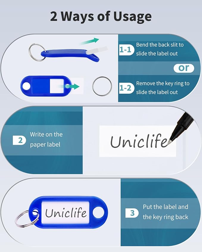 Uniclife 10 Pieces Key Tags 2 Inch Soft Plastic Key Chain Tags with Blank Paper Labels Clear Windows Protective Films and Split Rings Flexible Item Identifiers, Blue