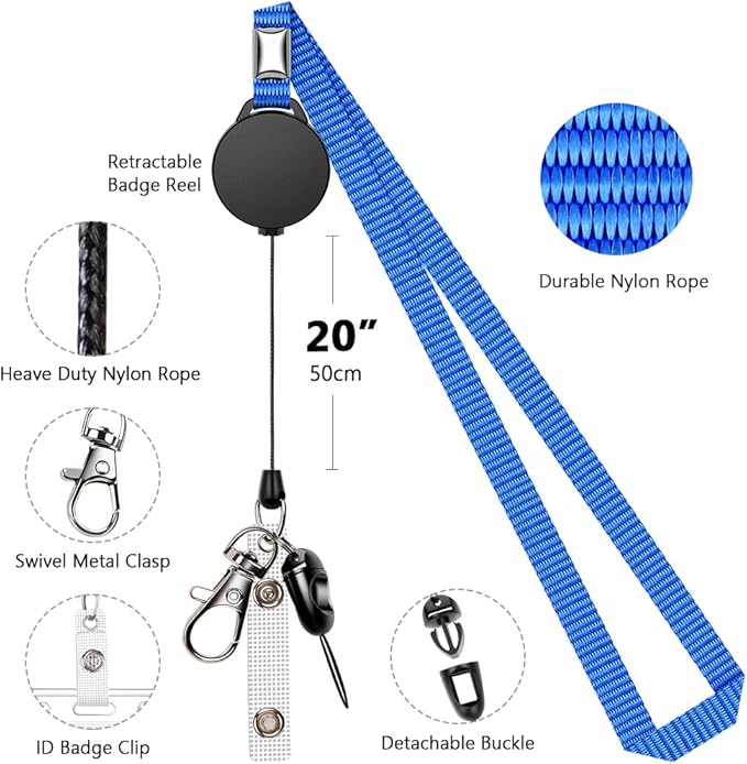 6 Pack Retractable Badge Lanyards and ID Badge Holder, Strap Lanyard with Swivel Metal Clasp for Badge Holders, Keychains, Offices, Staff, Students, Employees, Blue
