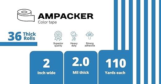 Heavy Duty Packaging Color Tape for Shipping,Packing and Moving 2" Wide x 2.0 Mil Thick -110 Yrd Roll -Acrylic Adhesive Tape for Box Sealing. (36 Rolls, Blue, 2" Wide x 110 yds)