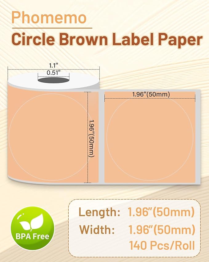 Phomemo Labels-Brown Sticker Circle Thermal Label for Jam and Jelly Jar Labels, and More (1.96" x 1.96" Round, 140 Labels/Roll) Compatible with M110/M220/M221/M110/M120/M250, Black on Brown, 50 x 50mm