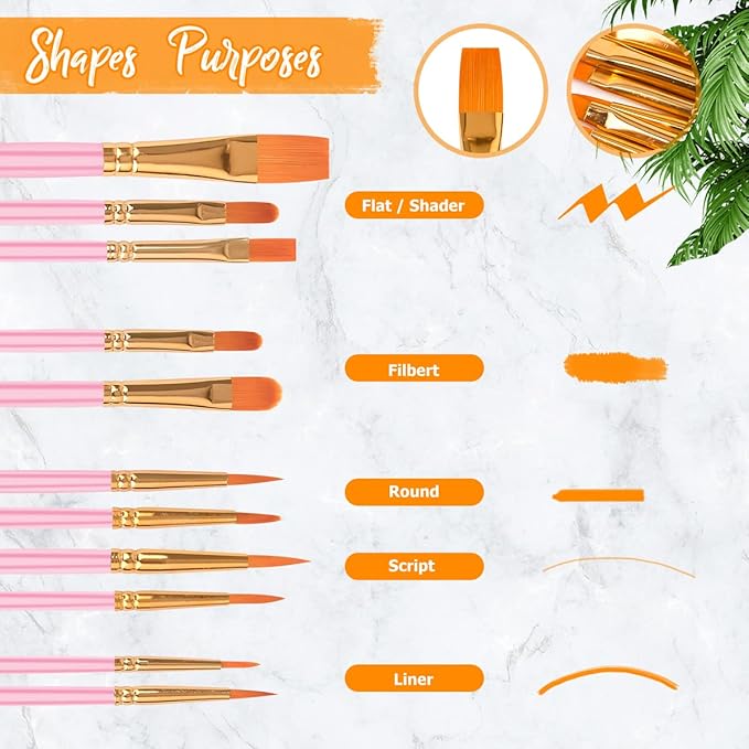 Soucolor Acrylic Paint Brushes Set, 40Pcs Round Pointed Tip Artist Paintbrushes for Acrylic Painting Oil Watercolor Rock Body Face Nail Art, Halloween Pumpkin Ceramic Crafts Supplies, Pink