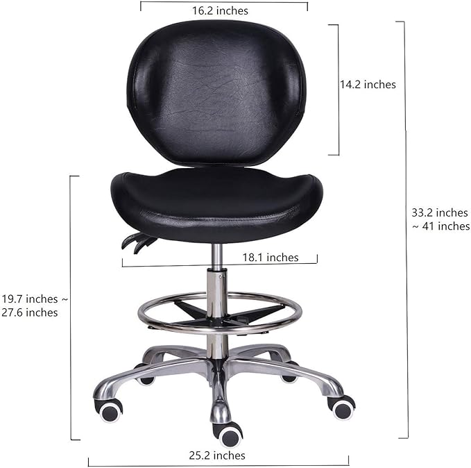 Kaleurrier Adjustable Stools Drafting Chair with Backrest & Foot Rest Drafting Stool Swivel Seat Rolling Wheels for Studio Dental Office Salon Counter Home Desk Chairs (Black)