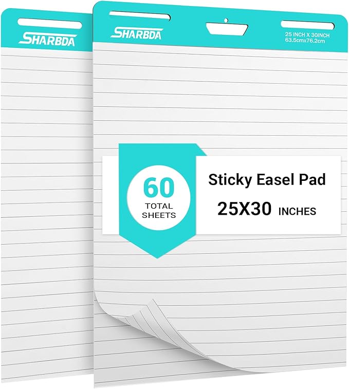 Lined Sticky Easel Pad, 25 in x 30 in,Flip Chart Paper,Sticky Chart Paper for Teachers, Large Self-Stick Easel Paper,Super Sticky & Bleed-Resistant,30 Sheets/Pad,2 Pads