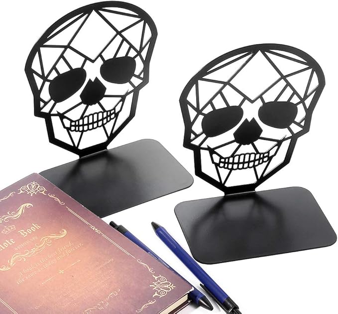 Metal Skull Design Black Bookend - Heavy-Duty Bookends for Shelves, Skull Book Ends for Heavy Books, Book Shelf Holder Home Office Decorative Desktop Organizer (1 Pair)