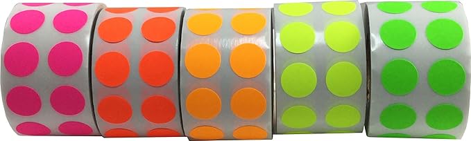 1/2" Color Coding Dot Stickers Fluorescent Collection 1,000 of Each FL Pink FL Yellow FL Green FL Orange FL Red 5,000 Total Labels