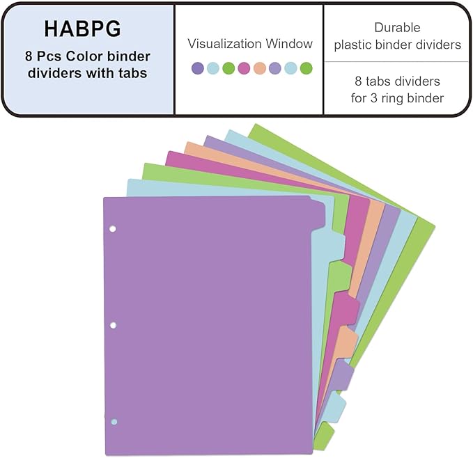 HABGP 16Pcs/2 Set Binder Dividers with Tabs, 8 Color Tab for 3 Ring Binder Dividers, Page Folder Dividers for 3 Ring Binder Sheet Paper Protectors, Plastic Tabbed File Dividers with Tabs