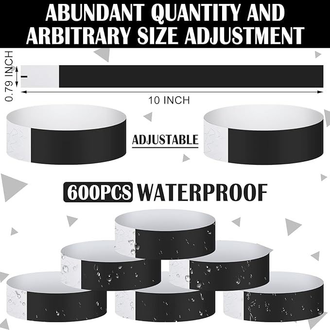 600 Packs Paper Wristbands for Events Neon Party Wristbands Colored Waterproof Paper Club Arm Bands Lightweight Identification for Concert Bar Entrance Admission(Black)