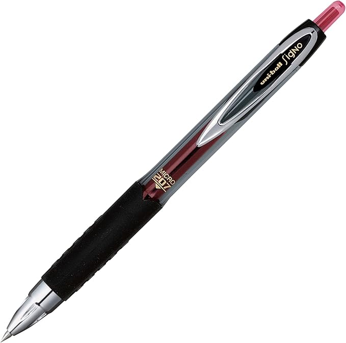 uniball Signo 207 Gel Pen, Retractable, Micro 0.5 Mm, Red Ink, Smoke/black/red Barrel, Dozen