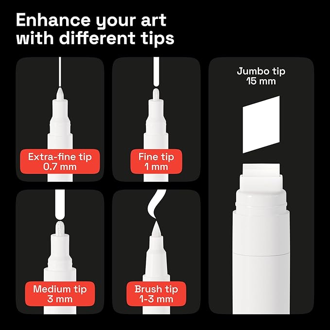 ARTISTRO 5 White Acrylic Paint Pens, Acrylic Paint Markers Different Tip, Fabric Markers for Textile, Canvas, Rock, Glass, Wood, Paper, DYI, Pens for Kids and Adults