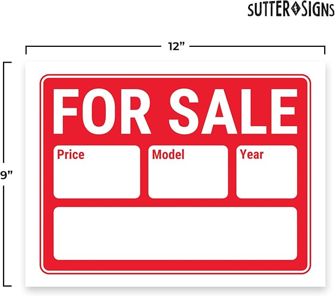 For Sale Signs 12x9, Plastic Signs for Used Car, Trailer, Vehicle for Sale with Year and Model, Waterproof Plastic (Pack of 4)
