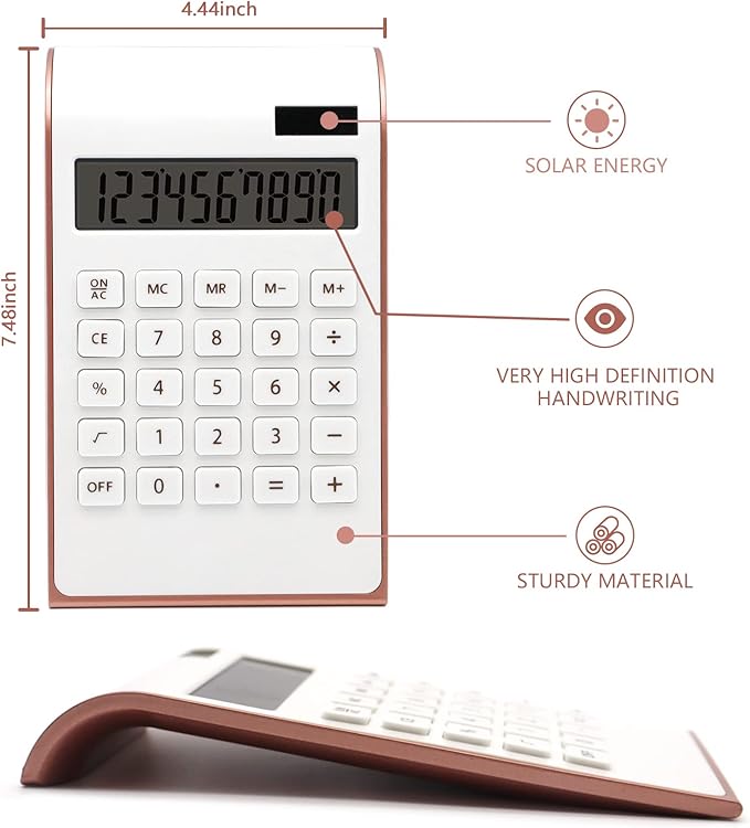 Rose Gold Calculator, UPIHO Rose Gold Pink Office Supplies and Accessories, 10 Digits Solar Battery Basic Office Calculator, Desktop Calculator with Large LCD Display, Gifts for Coworkers