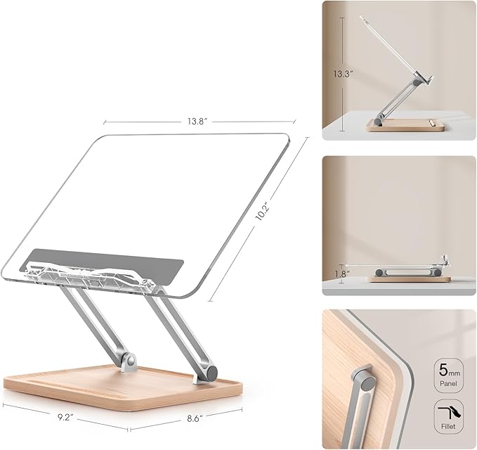 Adjustable Acrylic Book Stand for Reading, UPERGO Book Holder with Pen Slot, Foldable Desktop Riser for Laptop, Recipe, Textbook - Hands-Free,Cookbook Stand, Clear Design with Page Clips