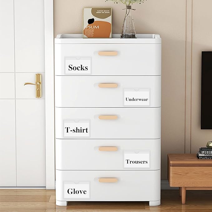 36 Pack Adhesive 5" x 7" Index Card Pockets with Top Open for Loading, Clear Plastic Labels Holders for Storage Bins Organizing Library Card Totes Shelves