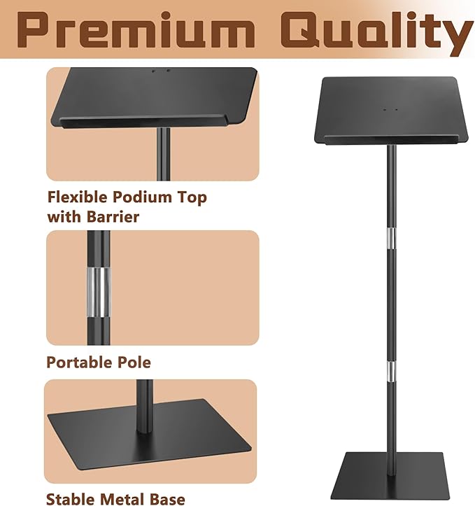 Podium Stand, Lecterns & Podiums, Portable Podium, Acrylic Adjustable Angles with Metal Base, Podium for Church, Weddings, Classroom, Speech, 16" L x 12" W x 42.5" H, Black