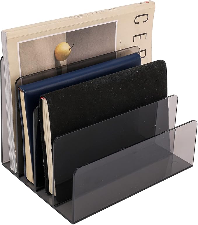 Sooyee File Organizer,4 Compartment File Folder Organizer,Acrylic File Holder File Organizer for Desk,Office Decorations for Work,Clear Black
