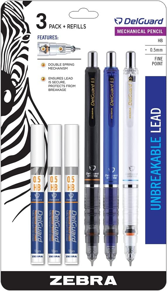 Zebra Pen DelGuard Mechanical Pencil, Fine Point, 0.5mm, Black/Blue/White Barrel, Lead Refills, Refillable, 3-Pack (58603)