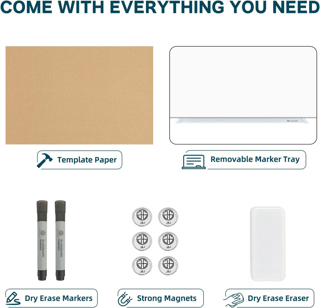 J&J worldwide Glass Whiteboard, Magnetic Brilliance White Glass Dry Erase Board 8' x 4', Includes Markers, Marker Tray, Eraser for Wall, Office, Home, School