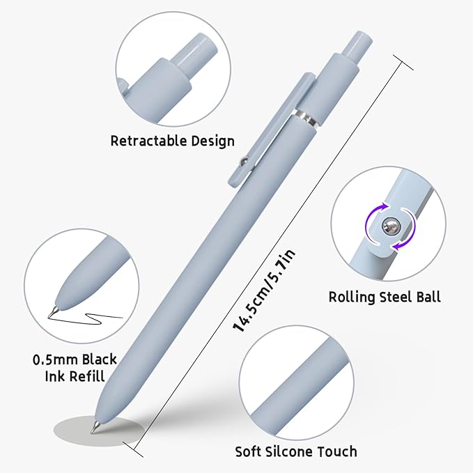 UIXJODO 6 Pcs Gel Pens 0.5mm Quick Dry Black Ink Pens Fine Point Smooth Writing Pens, Cute Office and School Supplies Gifts for Women Teacher Students (6 Pcs Morandi Silver)