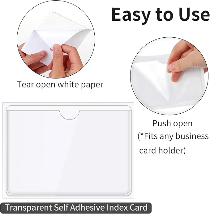 50 Pack Self-Adhesive Index Card Pockets for 3" x 5" Card,Clear Plastic Labels Holders with Top Open for Loading, Storage Bins, Library and Bins